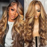 Sunelk Highlight Wig 200 Density 13x6 Lace Front Wigs Human Hair 24 Inch Ombre Body Wave Lace Front Wigs Human Hair Pre Plucked Honey Blonde Wig HD Lace Frontal Glueless Wig for Women