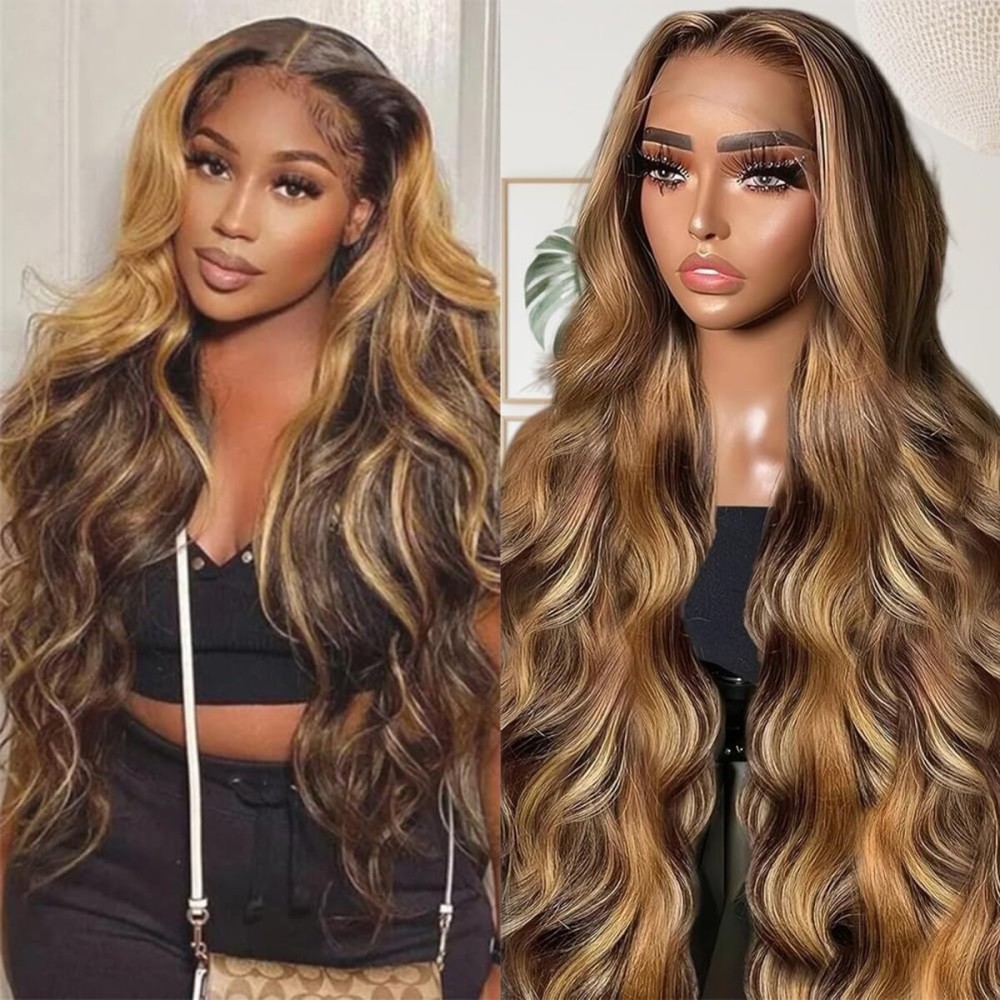 Sunelk Honey Blonde Ombre Lace Front Wig Human Hair Highlight Body Wave Lace Front Wigs Human Hair Pre Plucked 200 Density Glueless Wig 13X6 HD Lace Frontal Wig for Women 4/27 Colored 28 Inch