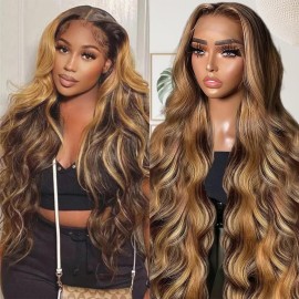 Sunelk Honey Blonde Ombre Lace Front Wig Human Hair Highlight Body Wave Lace Front Wigs Human Hair Pre Plucked 200 Density Glueless Wig 13X6 HD Lace Frontal Wig for Women 4/27 Colored 28 Inch