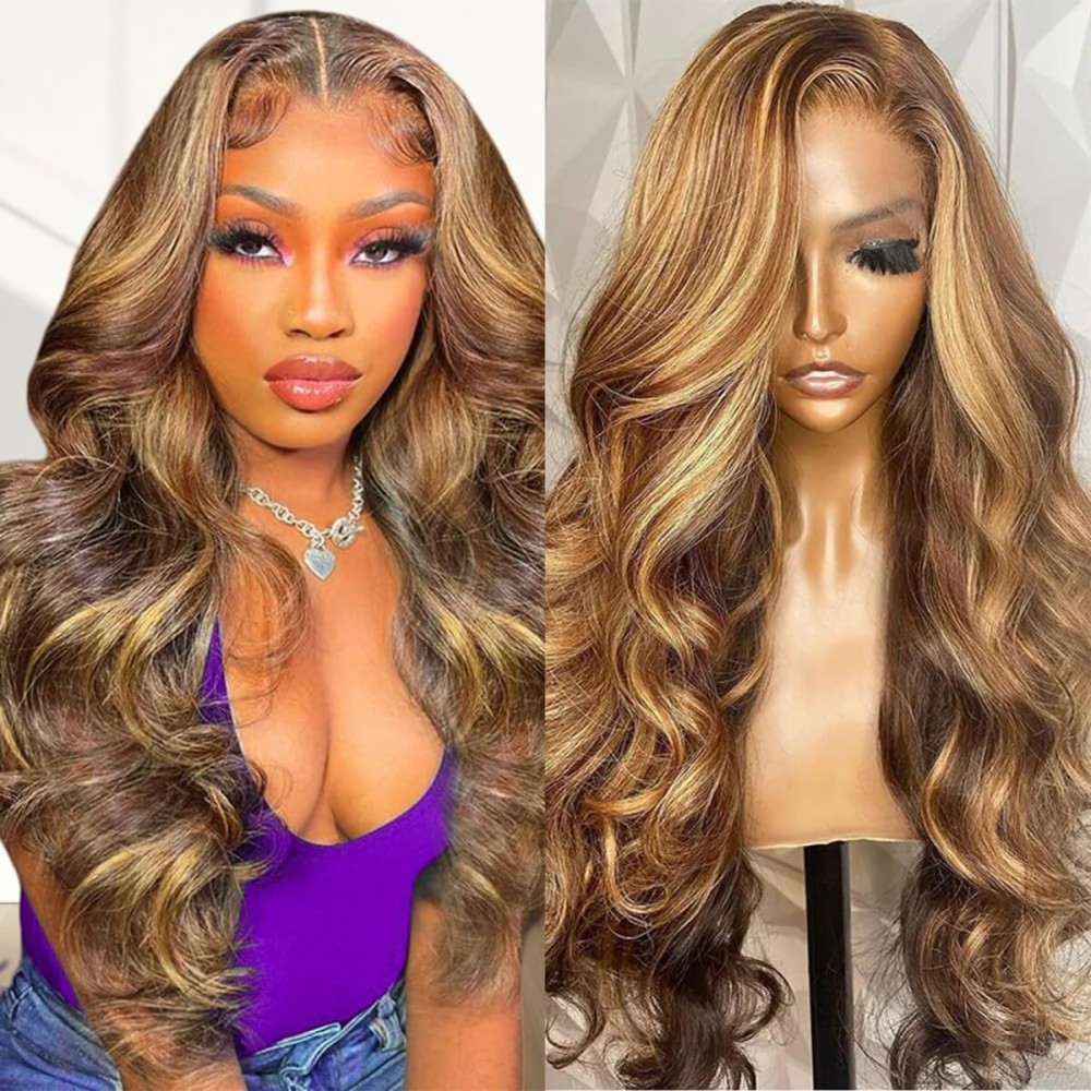 Sunelk 13x6 Lace Front Wigs Human Hair 200 Density Honey Blonde Ombre Highlight Body Wave Lace Front Wigs Human Hair Pre Plucked HD Lace Frontal Glueless Wig for Women 4/27 Colored 22 Inch