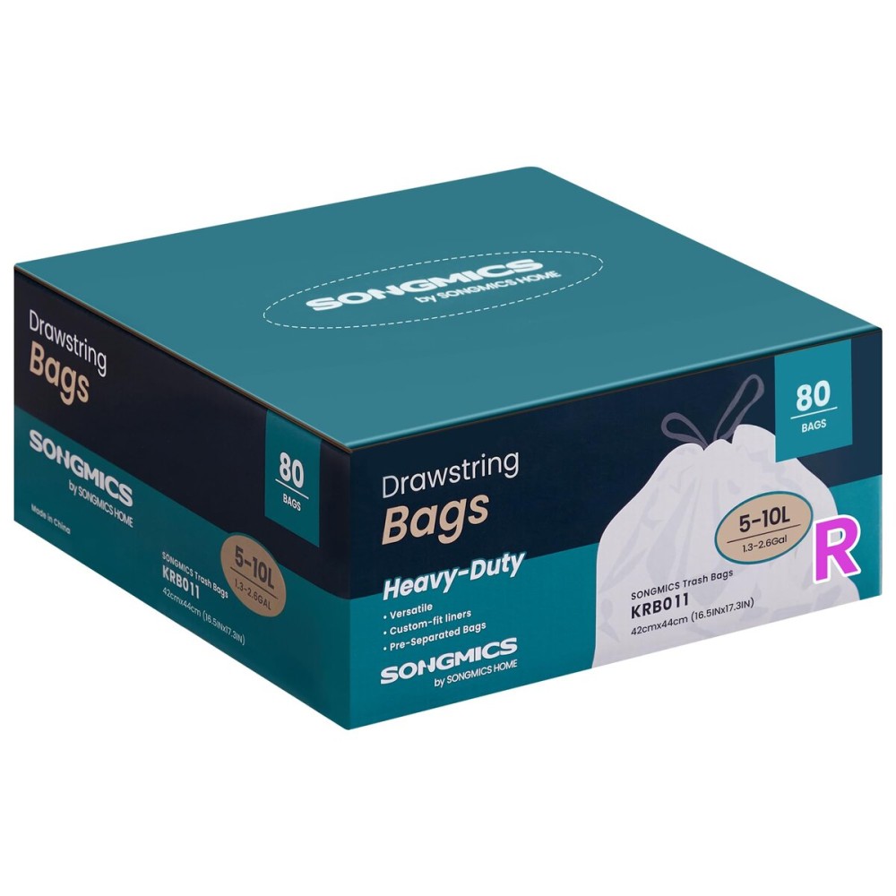 SONGMICS Trash Bags for 2.6-Gallon (10 L) Trash Cans, Drawstring Kitchen Garbage Bags, Pre-Separated, Quick-Dispense Box, Liner Code R, 2 Rolls, 80 Count, White UKRB011A02