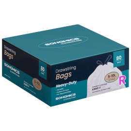 SONGMICS Trash Bags for 2.6-Gallon (10 L) Trash Cans, Drawstring Kitchen Garbage Bags, Pre-Separated, Quick-Dispense Box, Liner Code R, 2 Rolls, 80 Count, White UKRB011A02