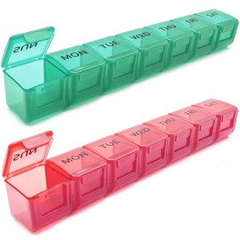 2 Pack Weekly Pill Organizer, Large 7 Day Pill Case, Daily Vitamin Case Medicine Box, AM/PM Pill Containers for Medicine Supplements Fish Oil (Red & Green)