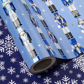 WRAPAHOLIC Reversible Nutcracker Christmas Wrapping Paper - Mini Roll - 17 Inch x 33 Feet - Foil Blue Snowflakes and Nutcracker Wrapping Paper for Christmas Holiday, Party Celebration