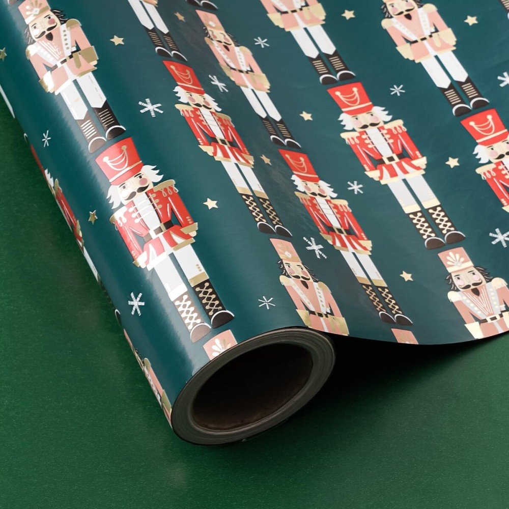 WRAPAHOLIC Reversible Nutcracker Christmas Wrapping Paper - Mini Roll - 17 Inch x 33 Feet - Foil Green Nutcracker Wrapping Paper for Christmas Holiday, Party Celebration
