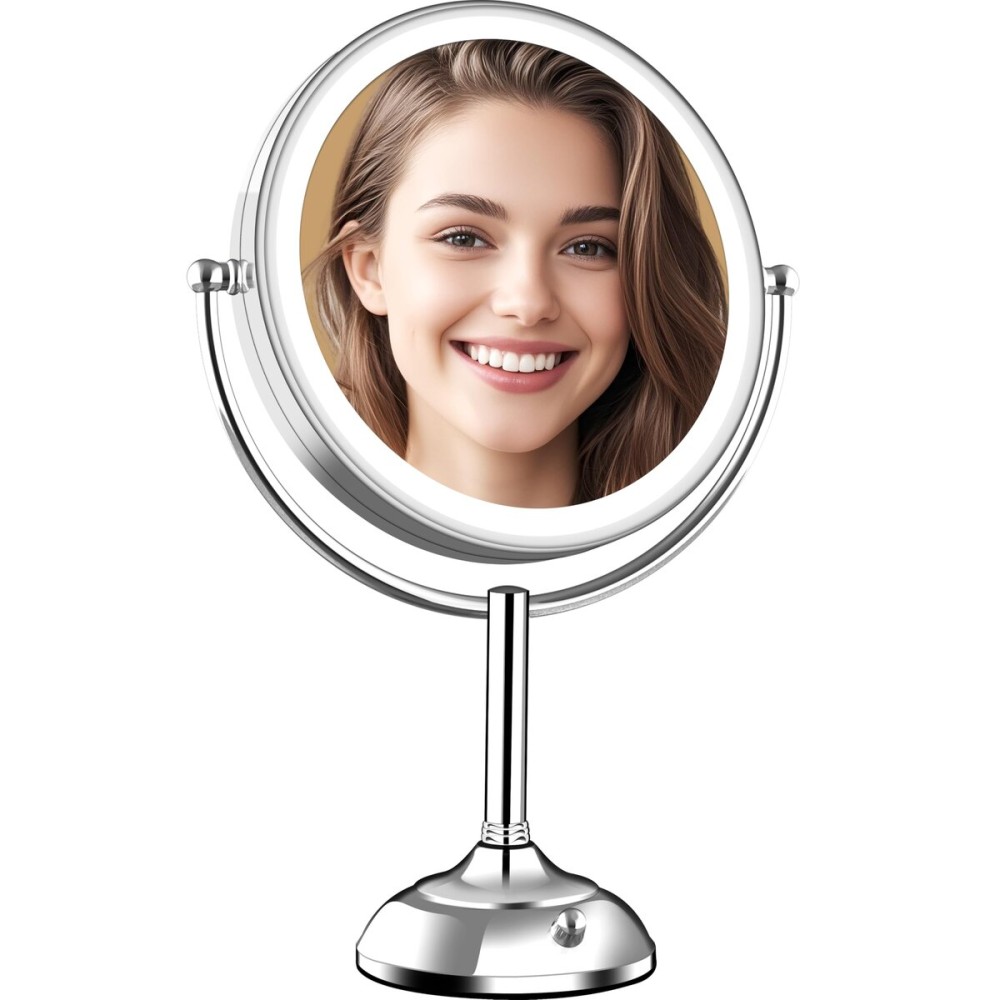 VESAUR Upgraded 11 Large 17 Tall Lighted Makeup Mirror Silver, 1X/10X Dual-Sided Magnifying with 15X Suction Mirror, 3 Color Adjustable Lights, 360 Swivel Dual Power Vanity Mirror, Gift Box