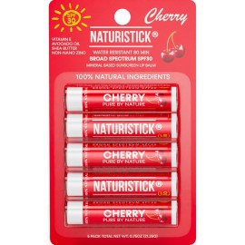 Mineral SPF 30 Vegan Lip Balm by Naturistick | Broad Spectrum UVA/UVB Sunscreen Protection with Zinc Oxide | 100% Natural, Coral-Friendly Formula | Oxybenzone Free | 5-Pack Cherry | Made in USA