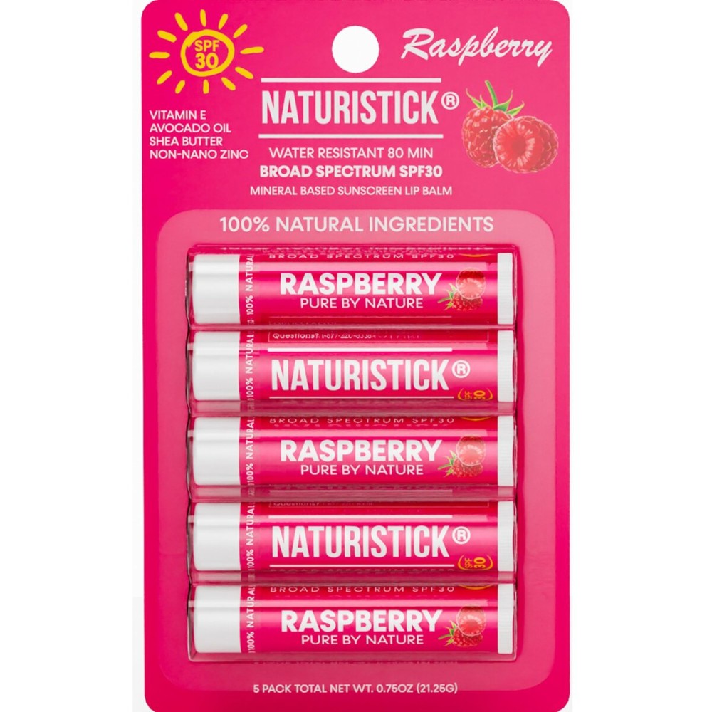 Mineral SPF 30 Vegan Lip Balm by Naturistick | Broad Spectrum UVA/UVB Sunscreen Protection with Zinc Oxide | 100% Natural, Coral-Friendly Formula | Oxybenzone Free | 5-Pack Raspberry | Made in USA