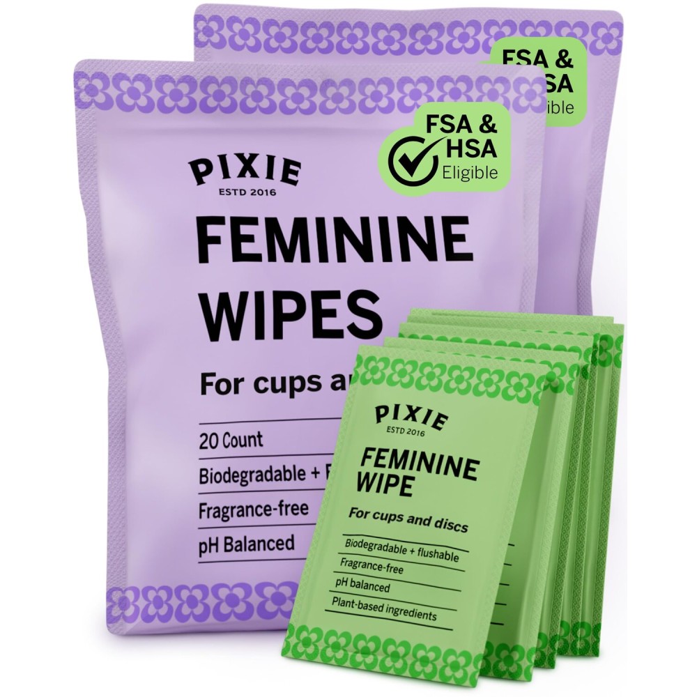 Pixie Feminine Wipes - Flushable, Biodegradable, pH Balanced & Unscented - Individually Wrapped Wipes for Feminine Care, On The Go & Public Bathrooms - Menstrual Cup Wipes for Cups & Discs (40 Count)