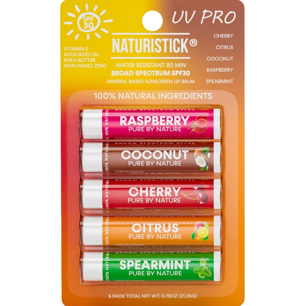 Mineral SPF 30 Vegan Lip Balm by Naturistick | Broad Spectrum UVA/UVB Protection with Zinc Oxide | 100% Natural, Coral-Friendly | 5-Pack Assorted (Raspberry, Coconut, Cherry, Citrus, Spearmint)
