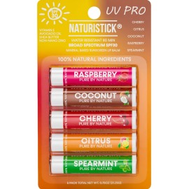 Mineral SPF 30 Vegan Lip Balm by Naturistick | Broad Spectrum UVA/UVB Protection with Zinc Oxide | 100% Natural, Coral-Friendly | 5-Pack Assorted (Raspberry, Coconut, Cherry, Citrus, Spearmint)