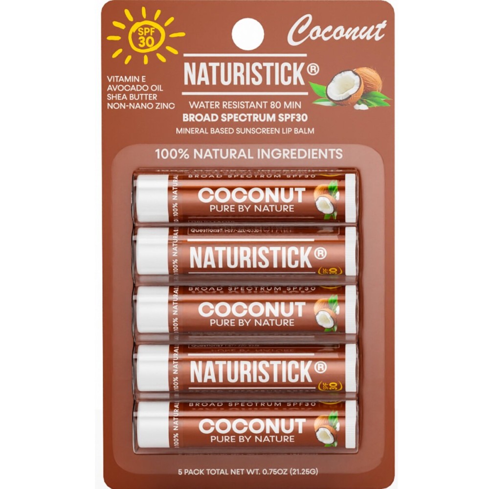 Mineral SPF 30 Vegan Lip Balm by Naturistick | Broad Spectrum UVA/UVB Sunscreen Protection with Zinc Oxide | 100% Natural, Coral-Friendly Formula | Oxybenzone Free | 5-Pack Coconut | Made in USA