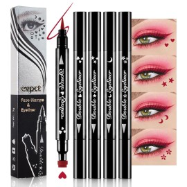 evpct Red Winged Eyeliners Stamp, 4 in 1 Stars Flowers Hearts Moon Face Makeup Stamp Set Eye Liners for Women, Red Liquid Eyeliner Long Lasting Waterproof Colorful Set, Colorful Eye Wingliner Shapes