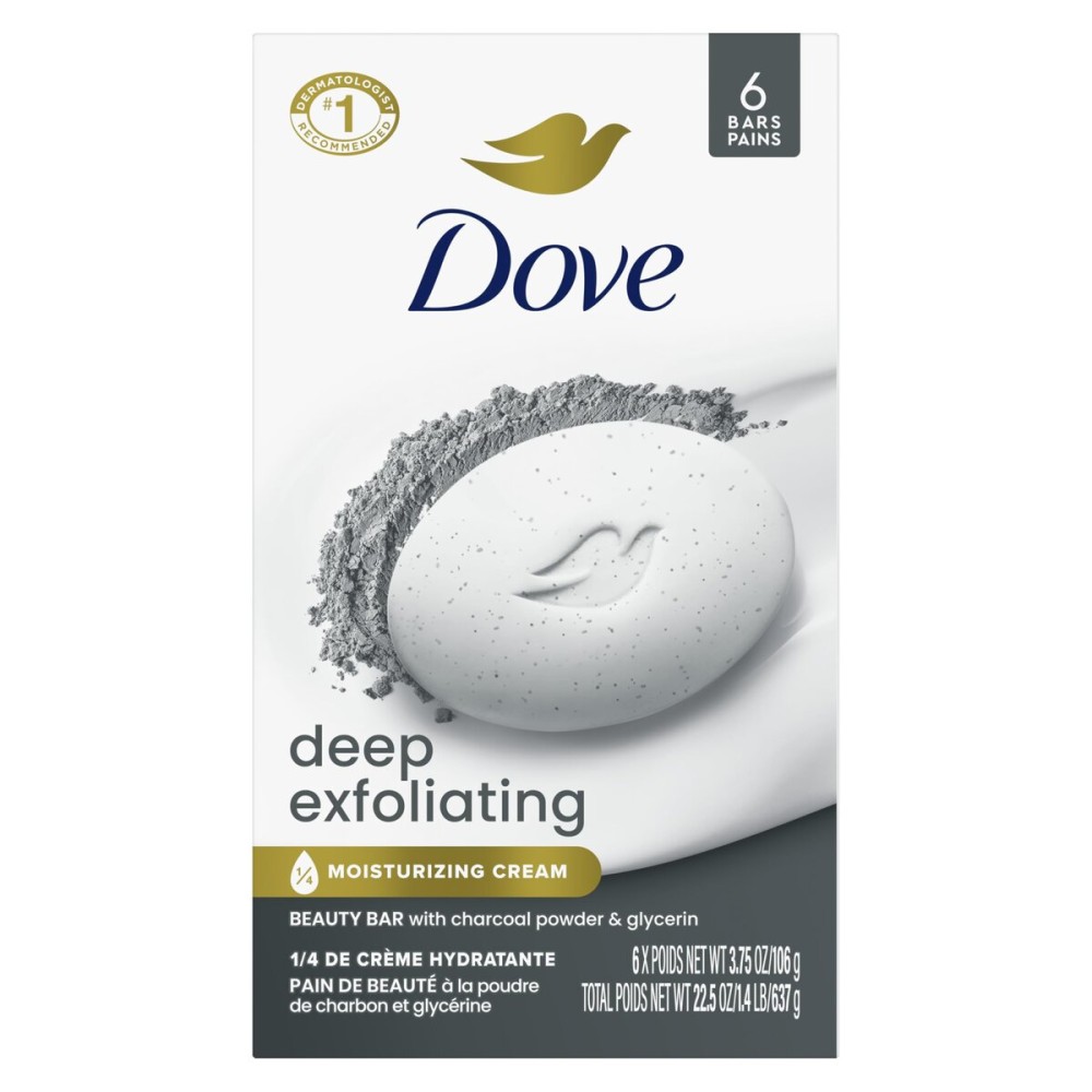 Dove Beauty Bar Soap 6 Bars Deep Exfoliating Charcoal Powder & Glycerin, for Softer, Smoother Skin, Scrubs Away Impurities 3.75 oz