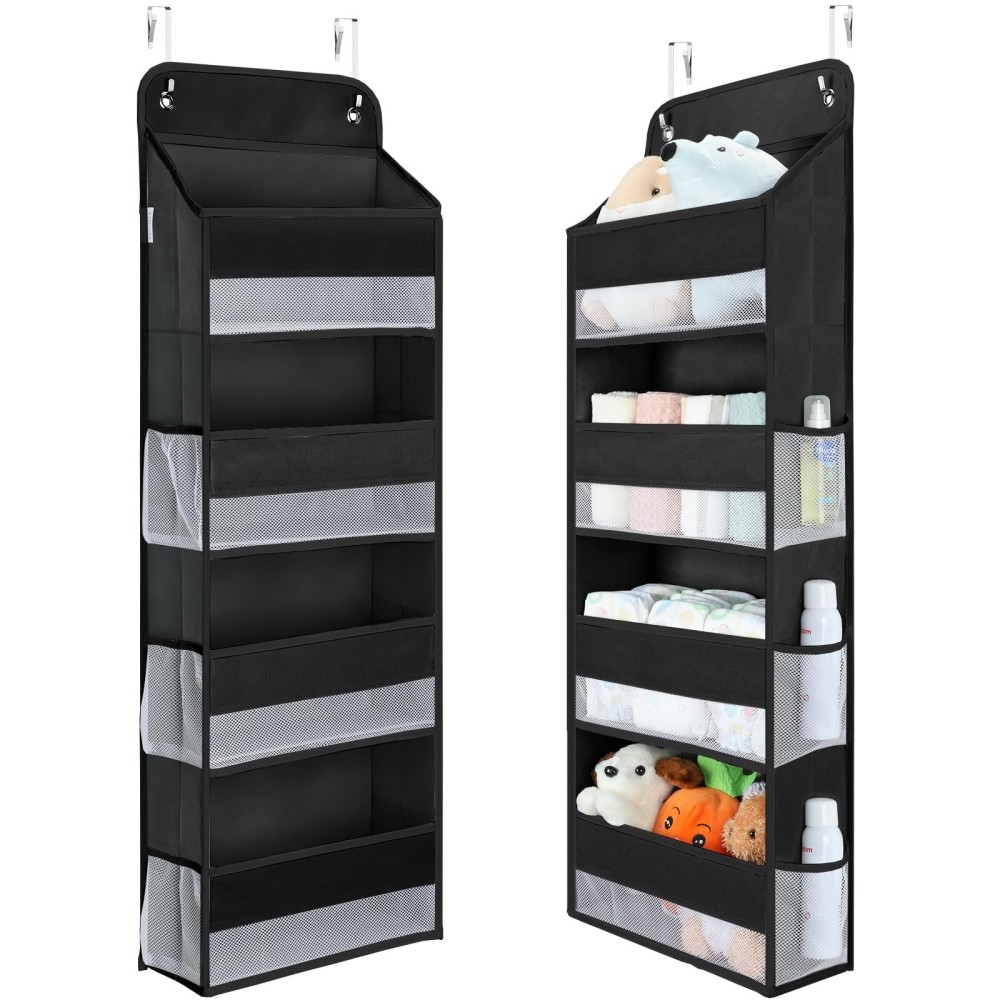 Yecaye 1 Pack Over the Door Organizer, 35.2lbs Load Toy Stuffed Animal Storage, Large Capacity Swing-proof Hanging Bathroom Organizers and Storage for Nursery Newborn Baby Essential Stuff Black