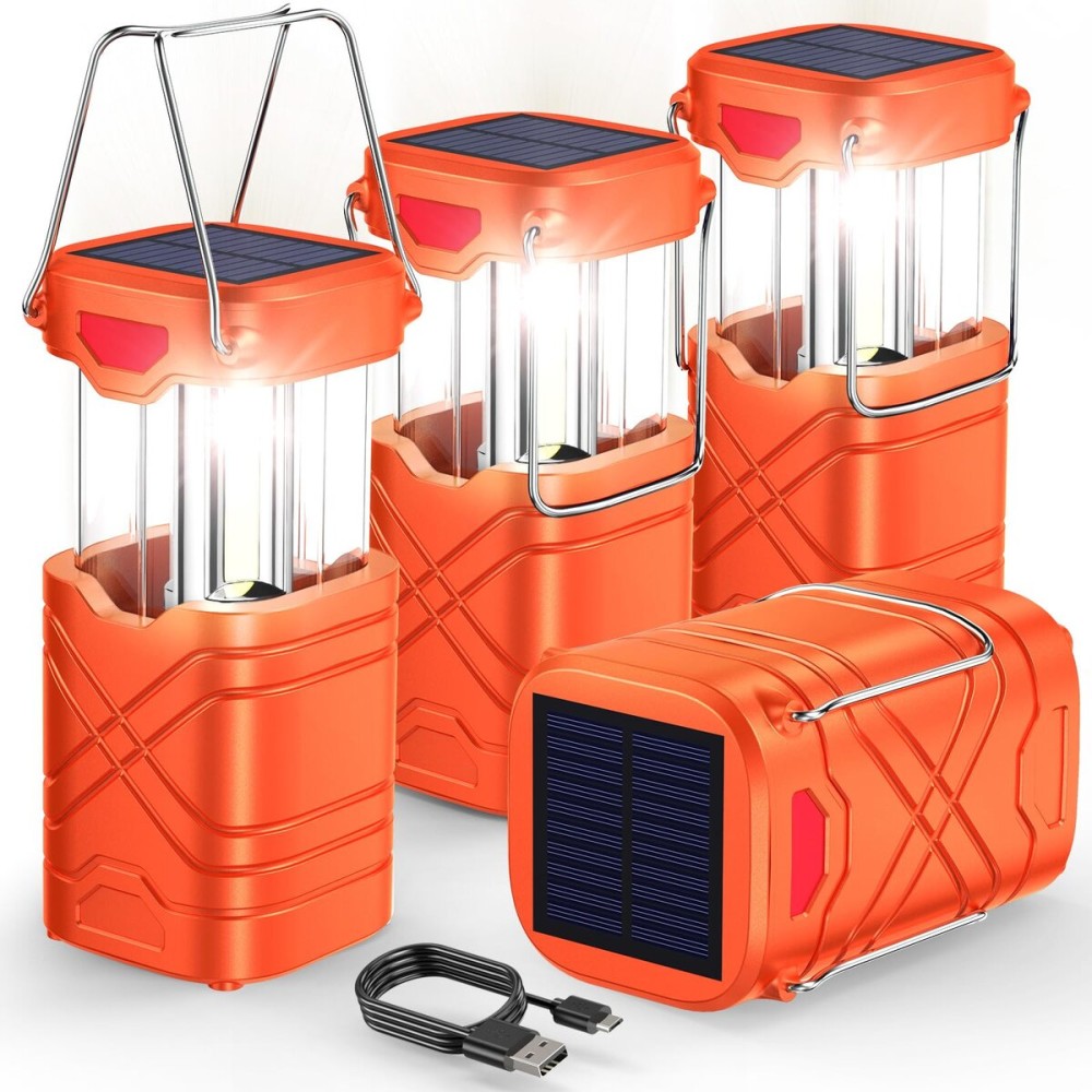 LETMY 4 Pack Camping Lantern, Rechargeable LED Lanterns, Solar Lantern Battery Powered Hurricane Lanterns Flashlight with 3 Powered Ways & USB Cable for Emergency, Power Outage, Hurricane Supplies