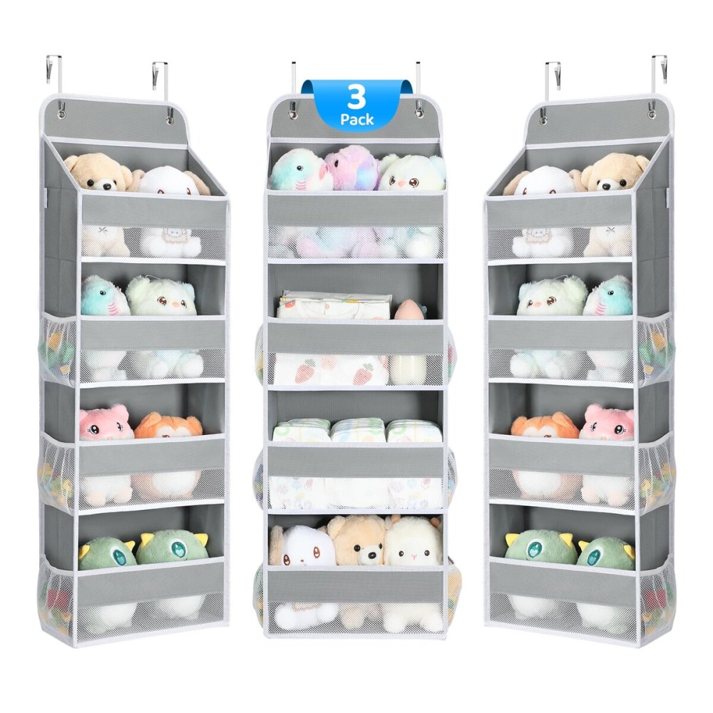 Yecaye 3 Pack Over the Door Organizer, 35.2lbs Load Toy Stuffed Animal Storage, Swing-proof Hanging Bathroom Organizers and Storage for Nursery Newborn Baby Essential Stuff Dorm Room Essentials Grey