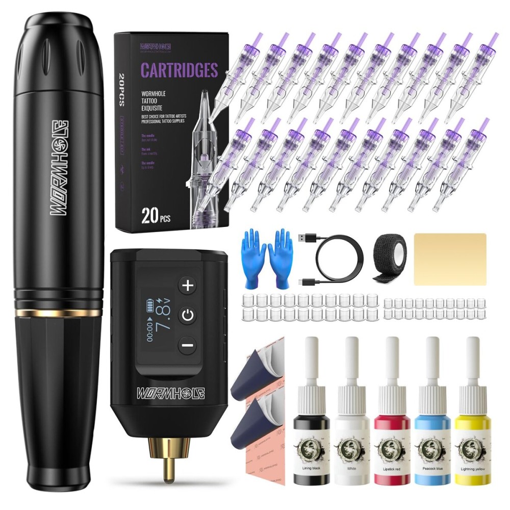 Wormhole Wireless Tattoo Kit, LED Digital Display, Dot Working Mode, Complete Rotary Tattoo Gun Set for Beginners and Professionals, Ergonomic Design, Portable Equipment - Black