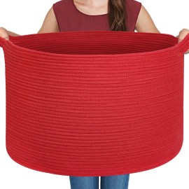 MEGASKET Extra Large Red Basket for Organizing, 22 X 22 X 14 Woven Cotton Rope Bins for Blankets, Baby Nursery Wicker Laundry Basket, Kids Dog Toy Storage Box, Big Red Living Room Decor Organizer