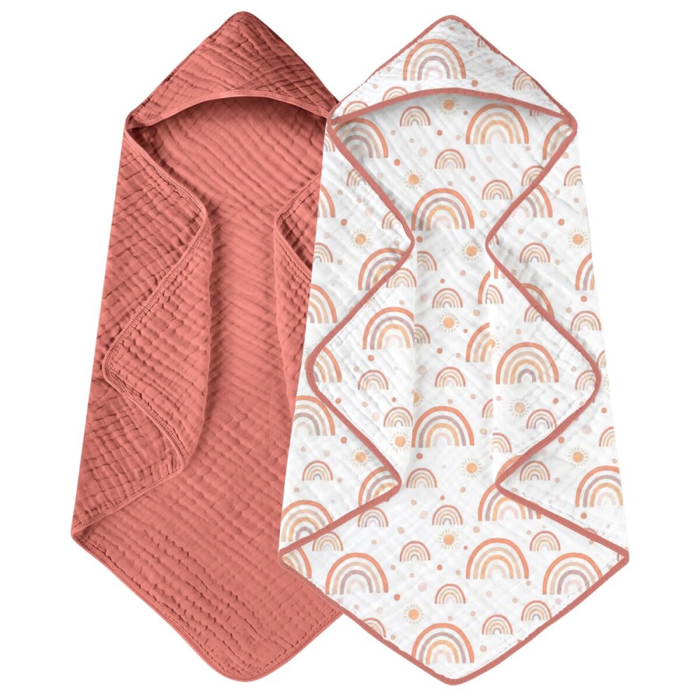 Yoofoss Hooded Baby Towels for Newborn 2 Pack 100% Muslin Organic Cotton Baby Bath Towel with Hood for Babies, Infant, Toddler and Kids, 32x32Inch, Soft and Absorbent Newborn Essential,Pink Rainbow