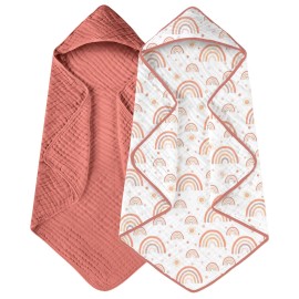 Yoofoss Hooded Baby Towels for Newborn 2 Pack 100% Muslin Organic Cotton Baby Bath Towel with Hood for Babies, Infant, Toddler and Kids, 32x32Inch, Soft and Absorbent Newborn Essential,Pink Rainbow