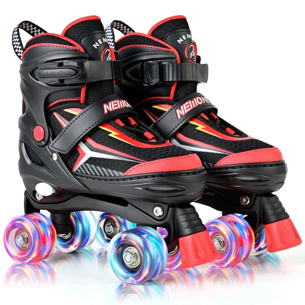 NEMONE Roller Skates for Boys Kids Ages 4-6 5-8 6-12 8-12 with 4 Sizes Adjustable Light up Wheels, Todder Beginner Rollerskates Indoor Outdoor Sports Black Red S
