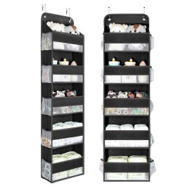 Yecaye 2 Pc Over the Door Organizer with 5 Bins 10 Side Pockets, 44lbs Load Hanging Bathroom and Bedroom Organizer, behind the Door Hanging Organizers for Nursery Newborn Baby Essential Stuff Black
