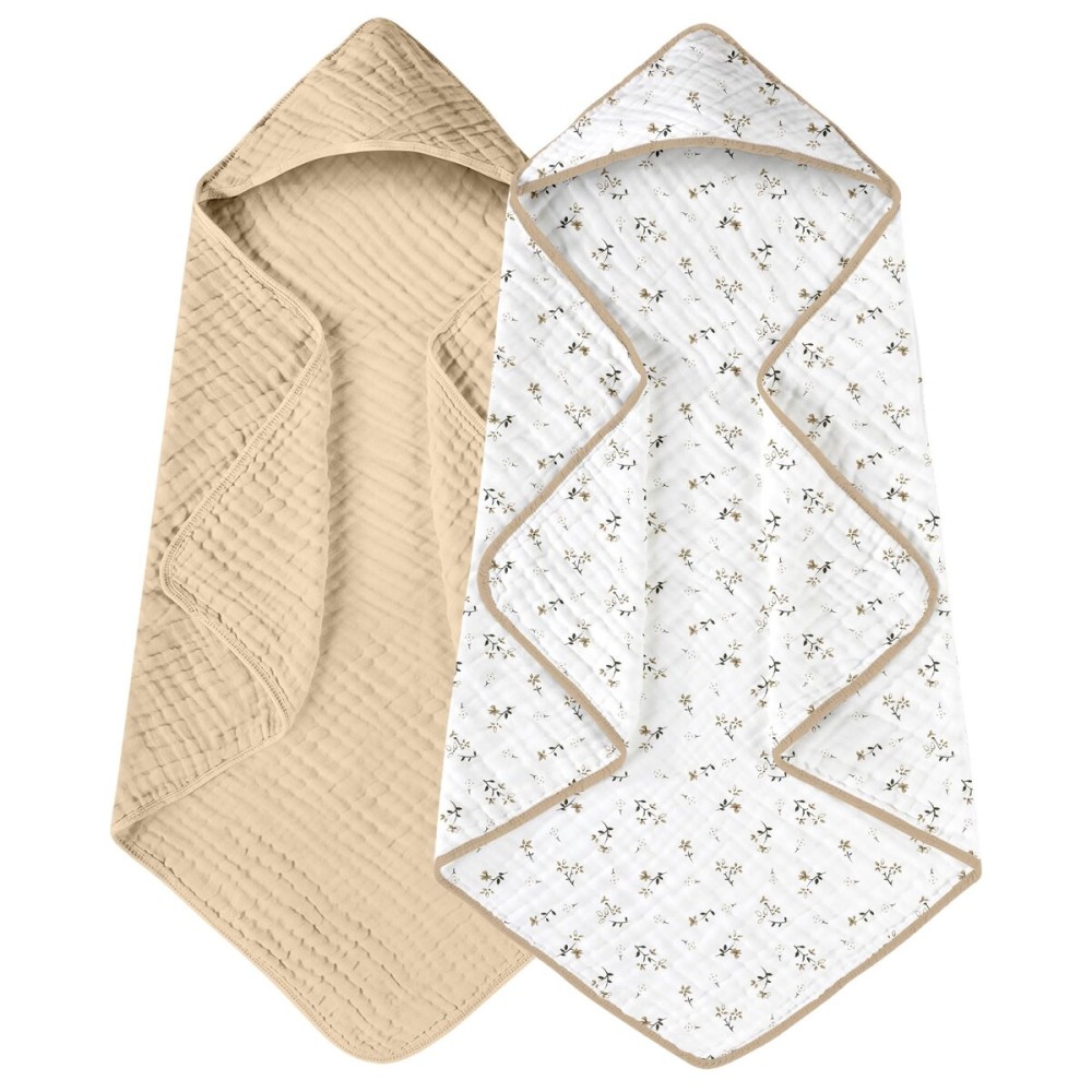 Yoofoss Hooded Baby Towels for Newborn 2 Pack 100% Muslin Organic Cotton Baby Bath Towel with Hood for Babies, Infant, Toddler and Kids, 32x32Inch, Soft and Absorbent Newborn Essential, Beige Floral