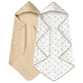 Yoofoss Hooded Baby Towels for Newborn 2 Pack 100% Muslin Organic Cotton Baby Bath Towel with Hood for Babies, Infant, Toddler and Kids, 32x32Inch, Soft and Absorbent Newborn Essential, Beige Floral
