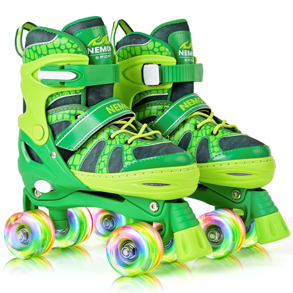 NEMONE Roller Skates for Boys Kids Ages 4-6 5-8 6-12 8-12 with 4 Sizes Adjustable Light up Wheels, Todder Beginner Rollerskates Indoor Outdoor Sports Green S