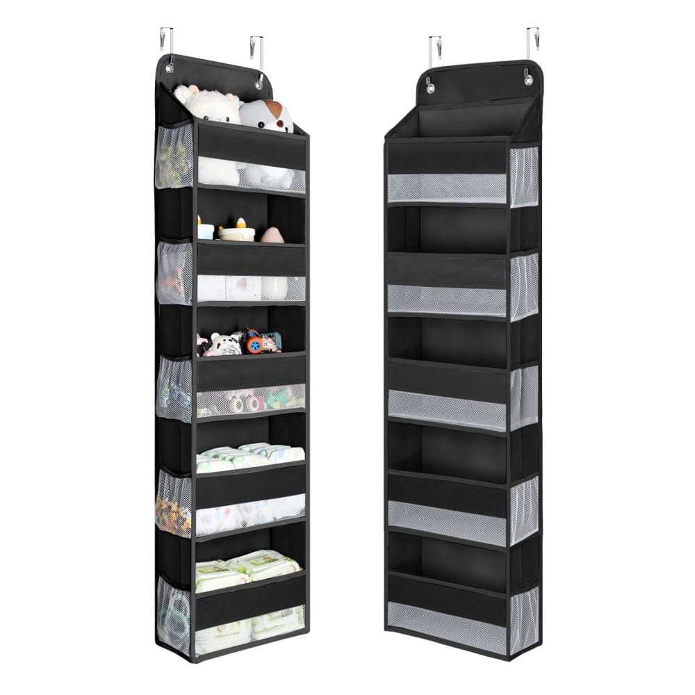 Yecaye 1 Pc Over the Door Organizer with 5 Bins 10 Side Pockets, 44lbs Load Hanging Bathroom and Bedroom Organizer, behind the Door Hanging Organizers for Nursery Newborn Baby Essential Stuff Black