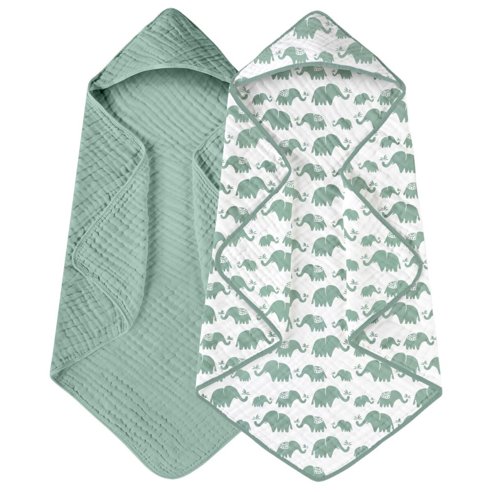 Yoofoss Hooded Baby Towels for Newborn 2 Pack 100% Muslin Organic Cotton Baby Bath Towel with Hood for Babies, Infant, Toddler and Kids, 32x32Inch, Soft and Absorbent Newborn Essential, Green Elephant