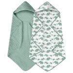 Yoofoss Hooded Baby Towels for Newborn 2 Pack 100% Muslin Organic Cotton Baby Bath Towel with Hood for Babies, Infant, Toddler and Kids, 32x32Inch, Soft and Absorbent Newborn Essential, Green Elephant