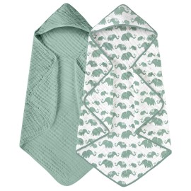 Yoofoss Hooded Baby Towels for Newborn 2 Pack 100% Muslin Organic Cotton Baby Bath Towel with Hood for Babies, Infant, Toddler and Kids, 32x32Inch, Soft and Absorbent Newborn Essential, Green Elephant