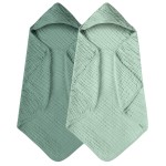 Yoofoss Hooded Baby Towels for Newborn 2 Pack 100% Muslin Organic Cotton Baby Bath Towel with Hood for Babies, Infant, Toddler and Kids, 32x32Inch, Soft and Absorbent Newborn Essential, Gradient Green