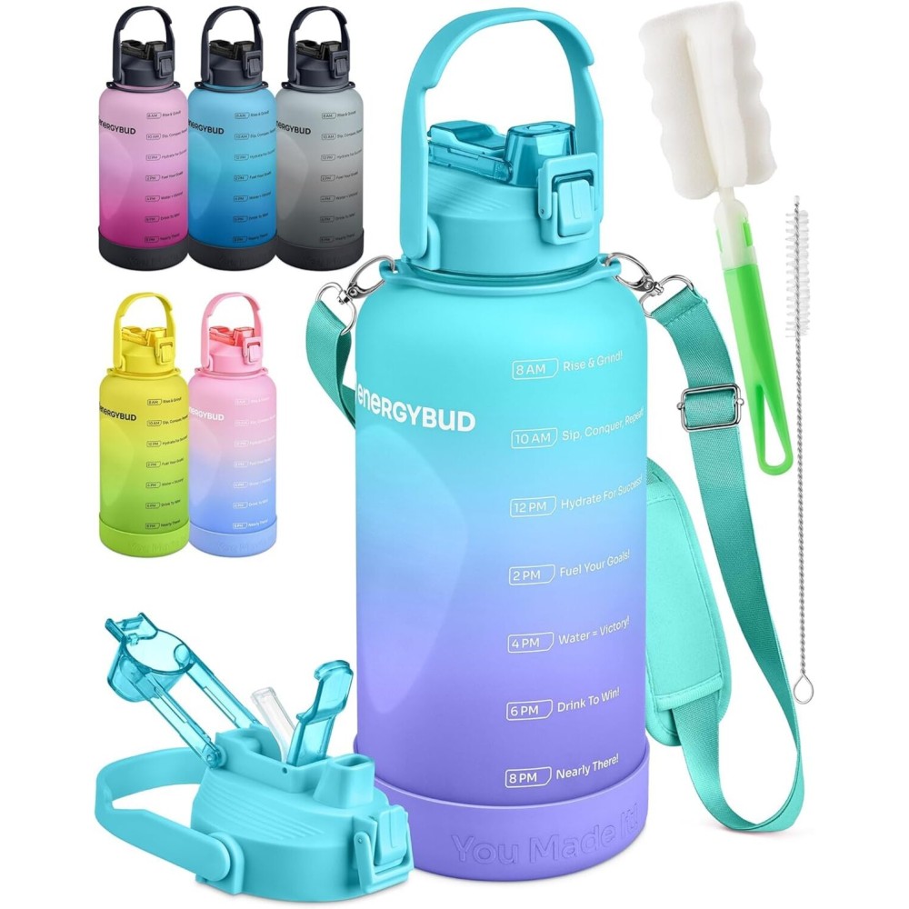 EnergyBud Half Gallon Water Bottle With Straw | Eastman Tritan Material: Food-Safe | Dishwasher Safe, No BPA, BPS, DEHP | Jug w/ 6-in-1 Cap | Leakproof 74.3 Oz Water Bottle (2.2 L)