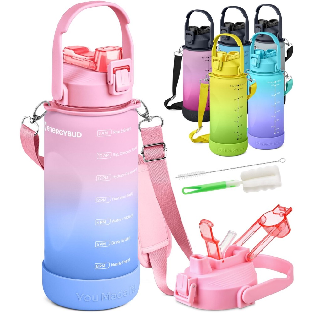 EnergyBud Half Gallon Water Bottle With Straw | Eastman Tritan Material: Food-Safe | Dishwasher Safe, No BPA, BPS, DEHP | Jug w/ 6-in-1 Cap | Leakproof 74.3 Oz Water Bottle (2.2 L)