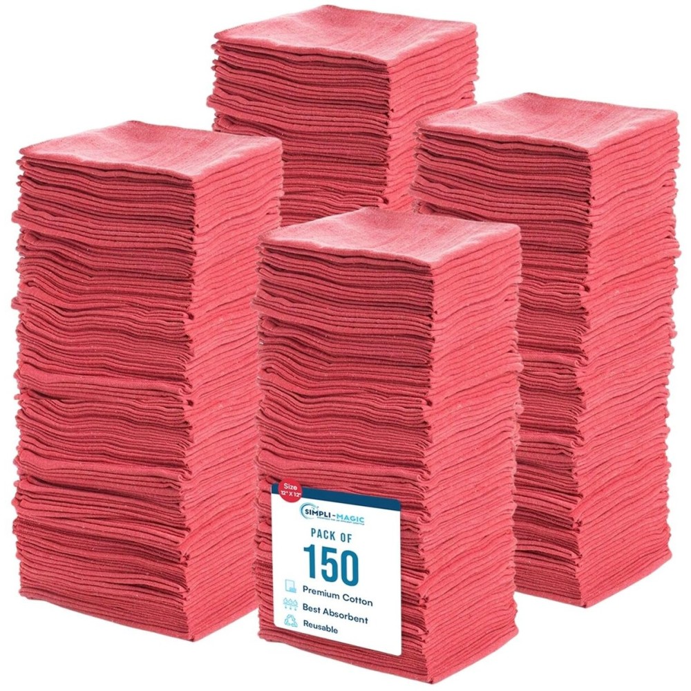 Simpli-Magic Cotton Shop Towels 14x12 (150 Pack) - Reusable Cleaning Shop Rags for Automobiles, Industries, Garage and Homes (Red)