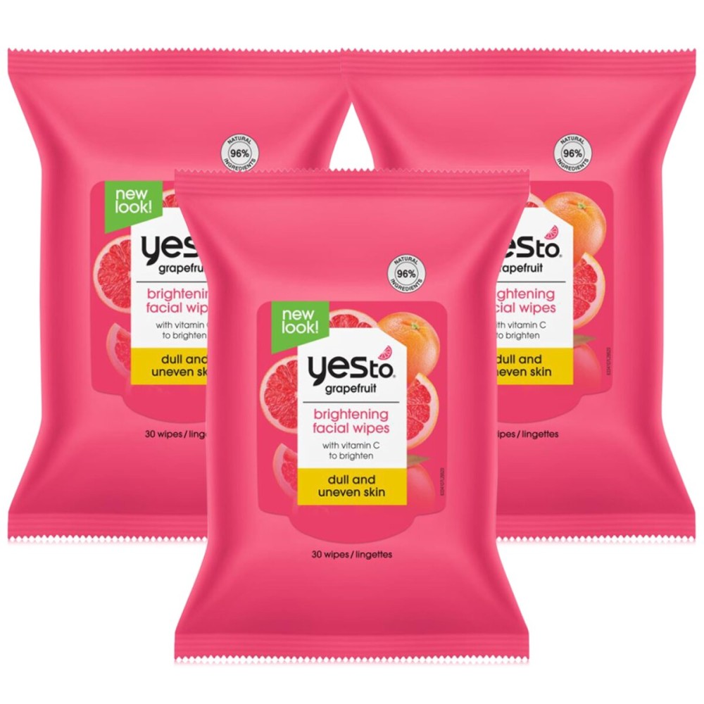 Yes To Face Wipes for Women and Men, Grapefruit Facial Cleansing Cloths for Makeup Removal, Daily Cleansing & Soothing - VitaminC Formula, 96%Naturally (Pack of 3)