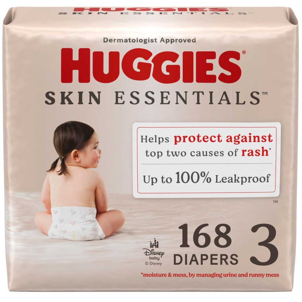Huggies Size 3 Diapers, Skin Essentials Baby Diapers, Size 3 (16-28 lbs), 168 Count (3 Packs of 56), Packaging May Vary