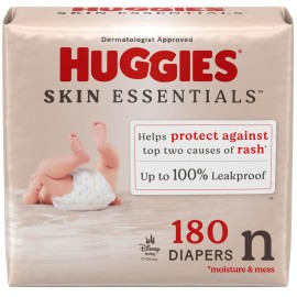 Huggies Size Newborn Diapers, Skin Essentials Baby Diapers, Size Newborn (6-9 lbs), 180 Count (3 Packs of 60), Packaging May Vary