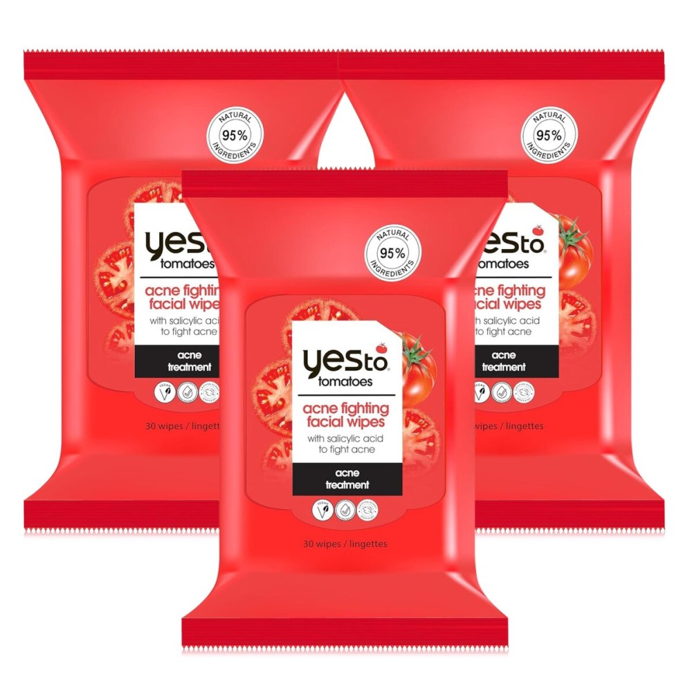 Yes To Tomatoes Clear Skin Acne Fighting Facial Wipes, Acne Prone Skin + Helps Control Oil + Salicylic Acid + 95% Natural Ingredients, 30 Count (Pack of 3)