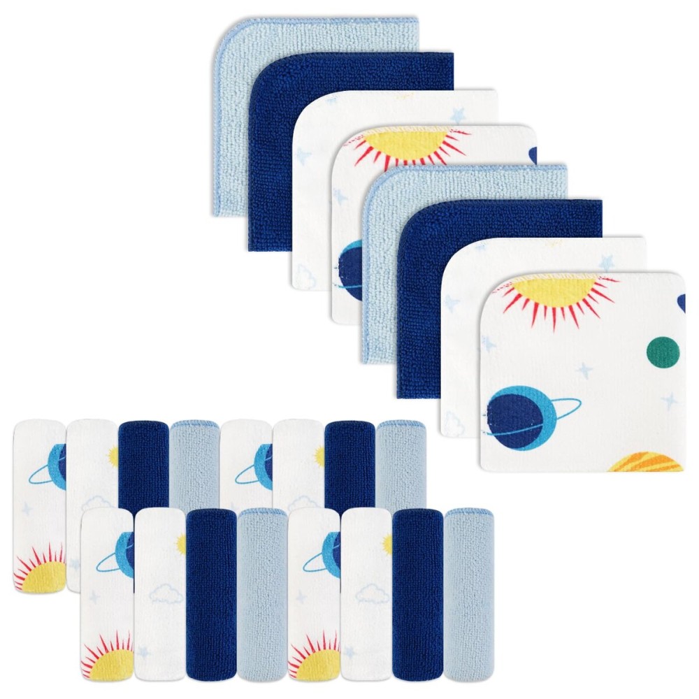 softan Baby Washcloths, 24Pack Baby Wash Cloths Extra Soft & Ultra Absorbent, Baby Towels Face Towel Unisex for Boys Girls Face & Body, Washclothes Gentle on Sensitive Skin, 9\'\'x 9\'\'Blue Planet