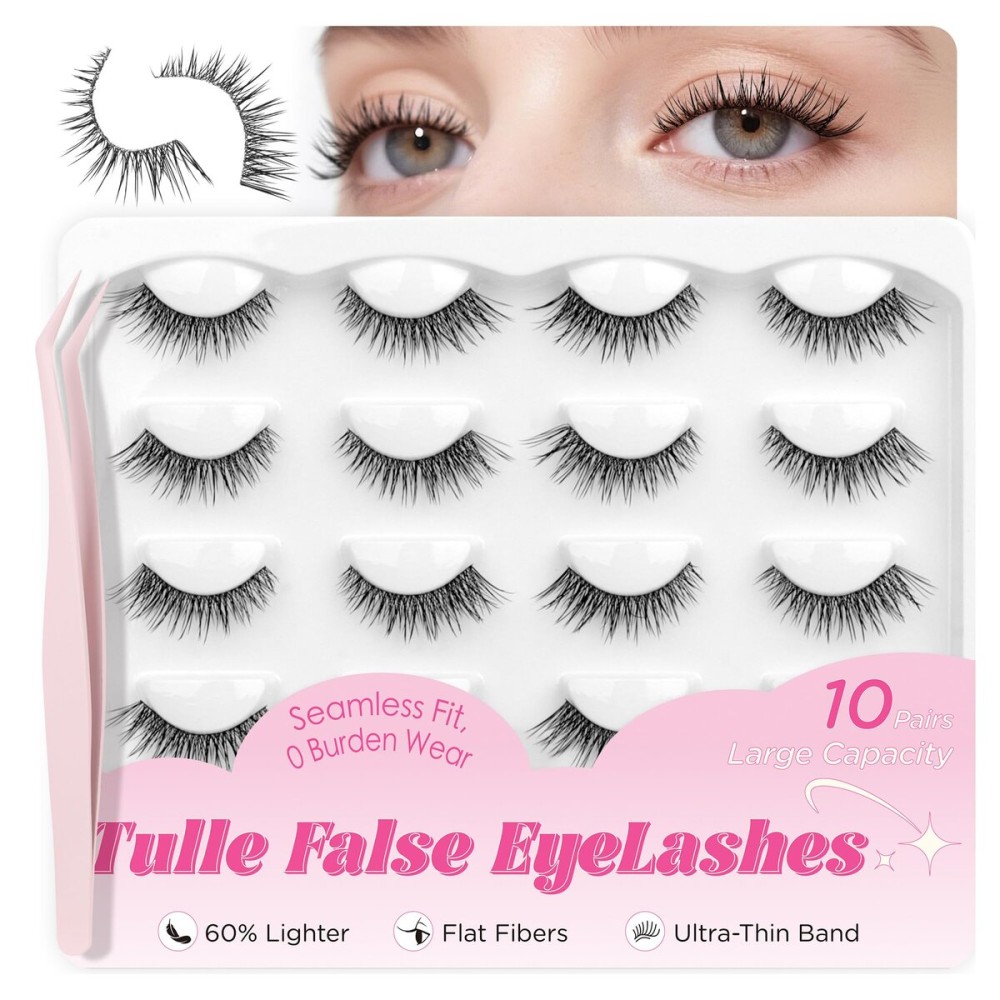 BEPHOLAN False Eyelashes With Tweezers- Ultra-thin False Lashes10 Pairs Eyelashes Pack Natural look Lash Strips Lightweight Lashes with Soft Clear Band(CCS117)