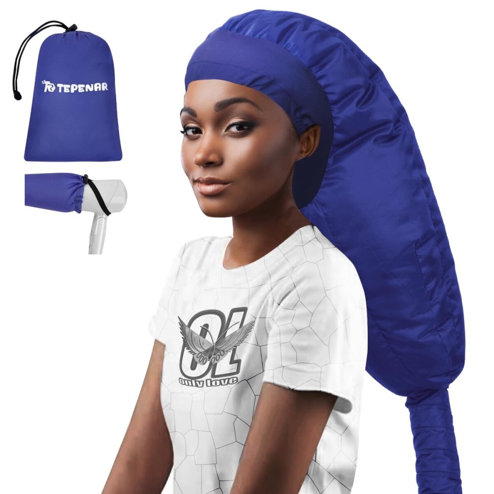 TEPENAR Hair Dryer Bonnet Attachment: Upgraded Extra Large Hooded Dryer Adjustable Hair Dryer Caps - Easy to Use for Natural Curly Textured Hair Care Styling Fast Drying - Dark Blue