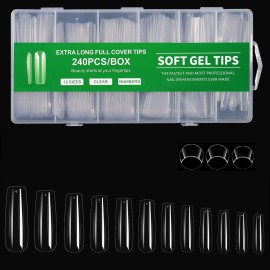 Cycullinyt 240Pcs Square Soft Gel Nail Tips, Long Square Nails, 12 Sizes Full Cover Acrylic Fake Nails Straight Clear False Nail Extension for Beginner and Professional Home Salon DIY