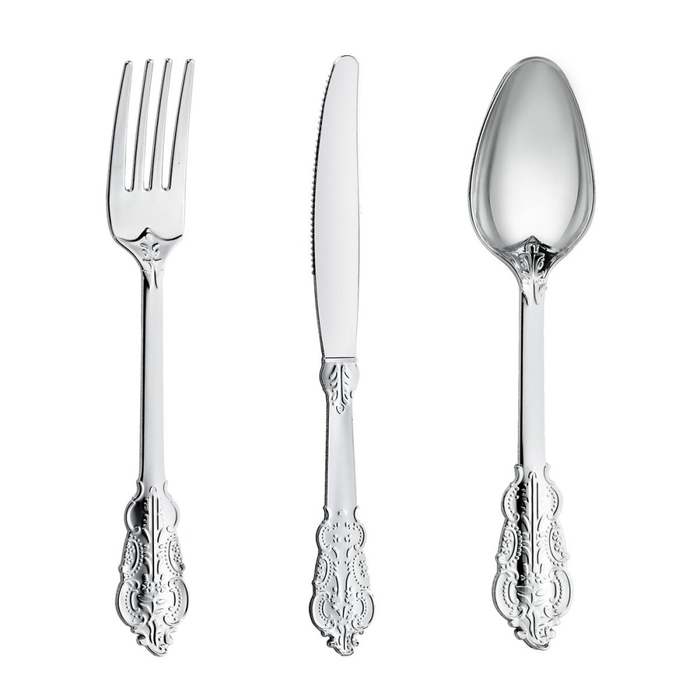 N9R 120PCS Silver Plastic Silverware, Heavy Duty Plastic Cutlery for Parties, Fancy Disposable Flatware Set Includes 40 Forks, 40 Spoons, and 40 Knives, Perfect for Weddings, Dinners, Picnics, Party