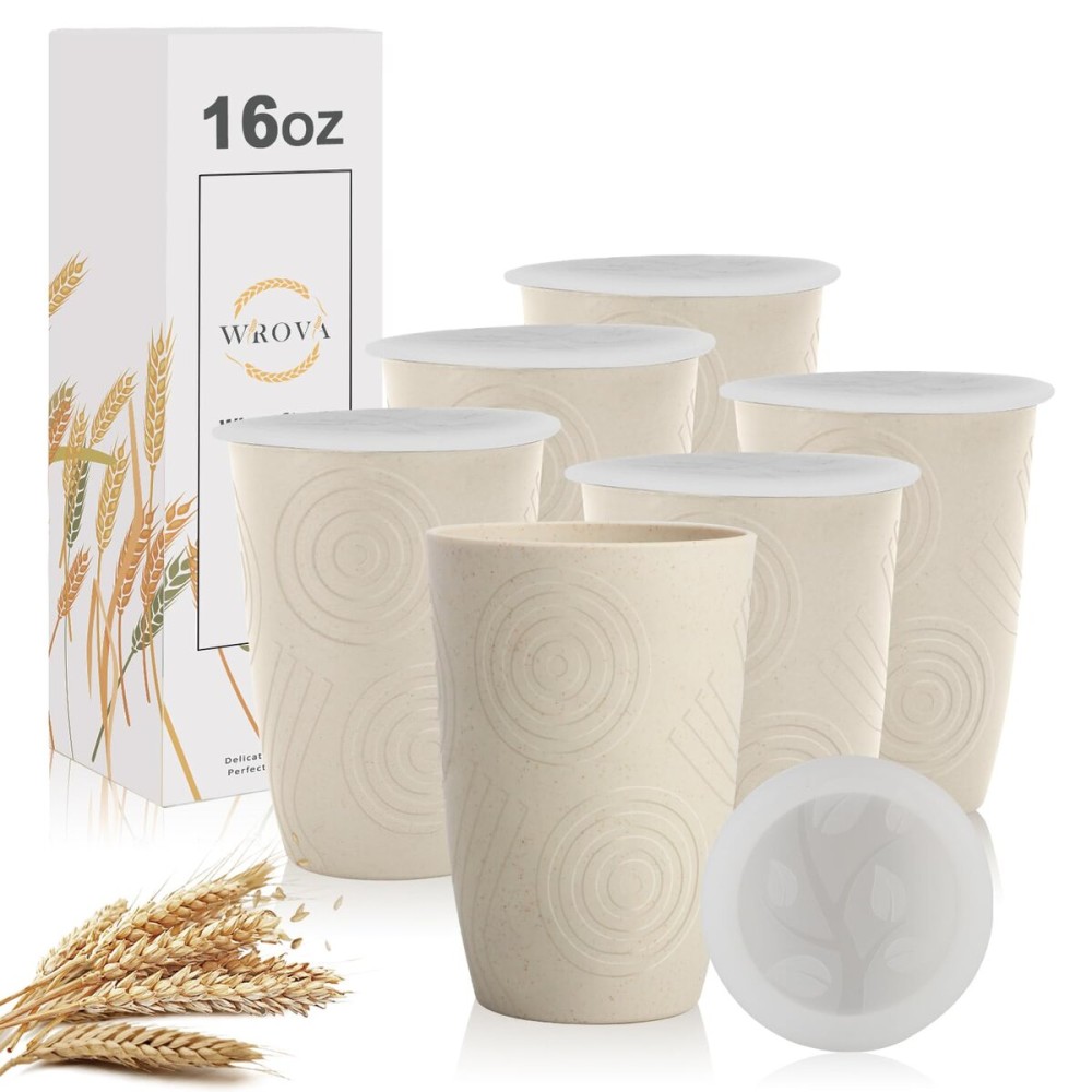 Wrova Wheat Straw Cups with Silicone Covers 16oz Set of 6 - Alternative Plastic Cups Microwave & Dishwasher Safe - Plastic Drinking Cups Unbreakable for Kids - Beige