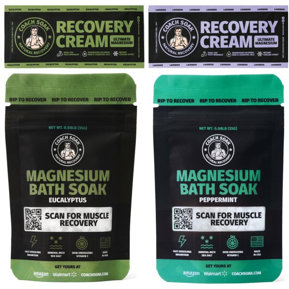 Coach Soak Magnesium Bath Flakes Mint & Lotion Trial Pack - Absorbing Magnesium Cream with Menthol - 0.18 lb (4 Pack) - Mixed Scents