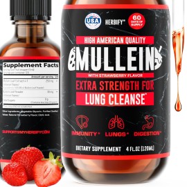 HERBIFY Mullein Drops - Lung Cleanse - Leaf Extract - Powerful Mullein for Immune Support, Detox & Respiratory Support - Made in USA - 4 Oz Strawberry Flavor